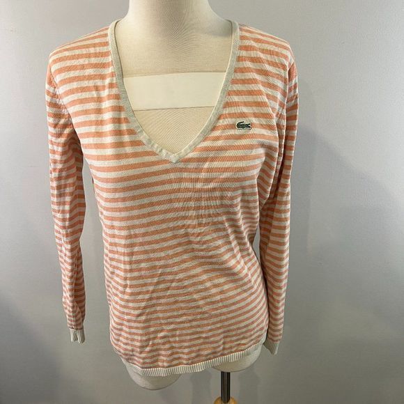 LACOSTE‎ Orange Cream Stripe V Neck Sweater (40) - Picture 2 of 8